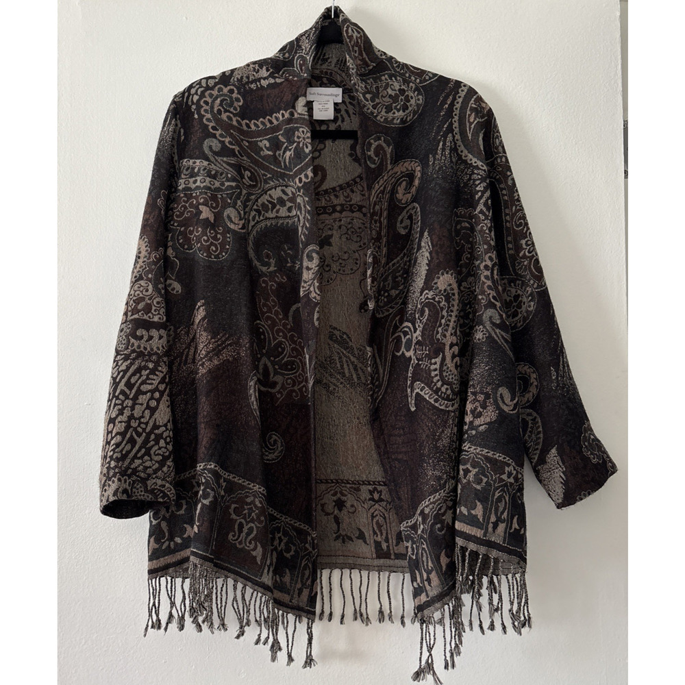 Soft Surroundings PS Paisley Fringed Open Front Cardigan Wrap Sweater 100% Wool